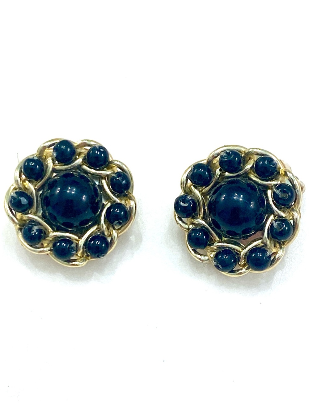 Vintage Signed Hong Kong Black Cabochon Gold Chain Halo Clip On Earrings